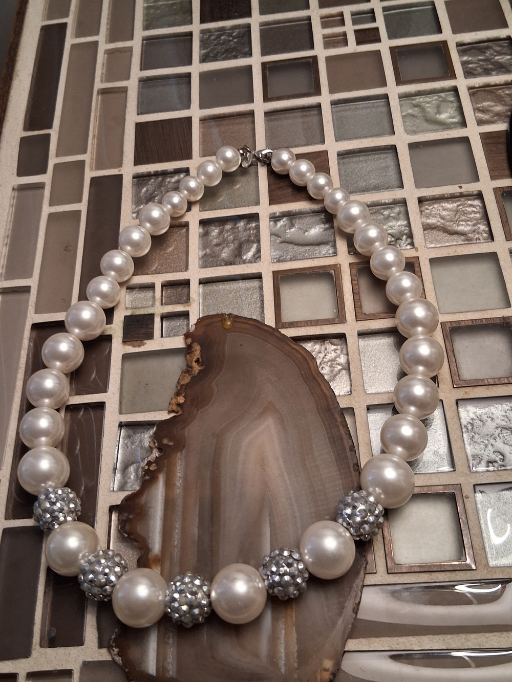 Vintage White Pearl Necklace with Silver Crystal Accent Beads